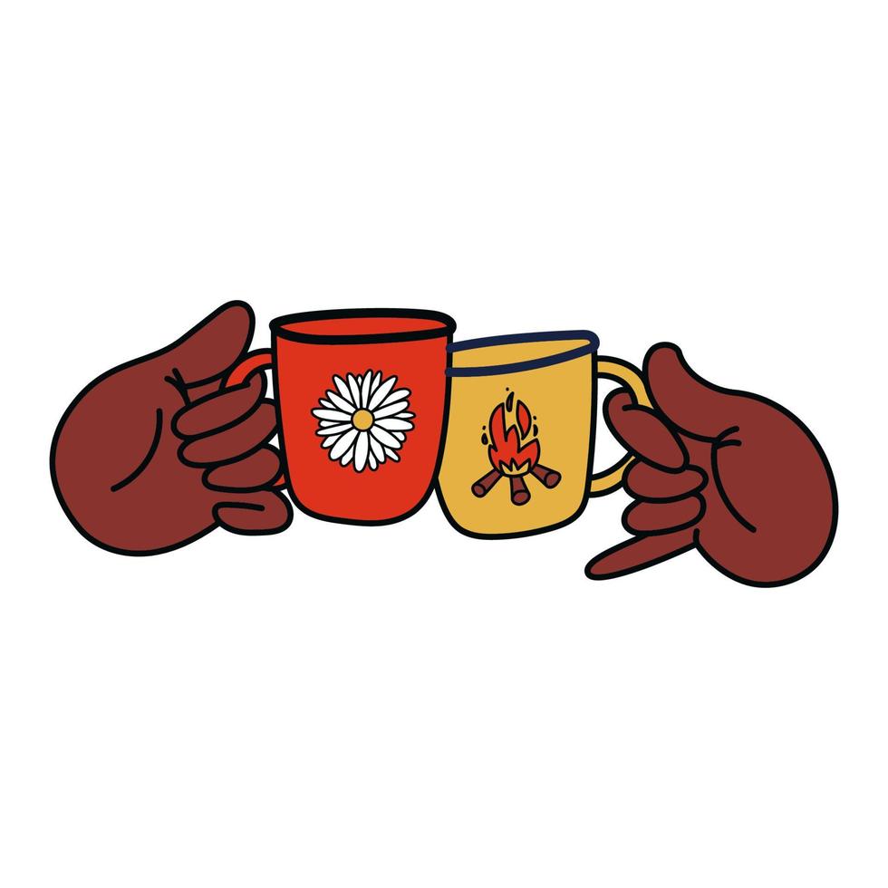 Hands hold red and yellow hiking mugs. Cartoon hands clink glasses. Vector stock illustration of a friendly camping concept isolated on white background.