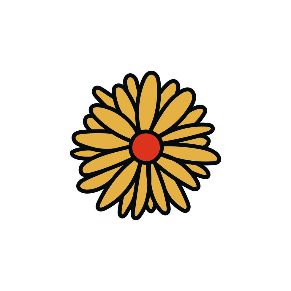 Yellow chamomile. Simple doodle flower with outline. Vector stock illustration of a plant isolated on a white background