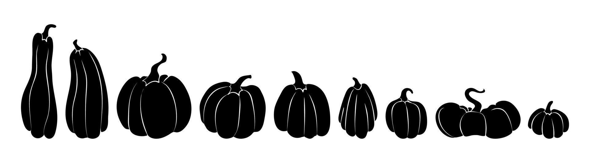 Set of silhouettes of pumpkins black on white from largest to smallest. A collection of pumpkins of various shapes in a row. Vector stock illustration isolated on white background.