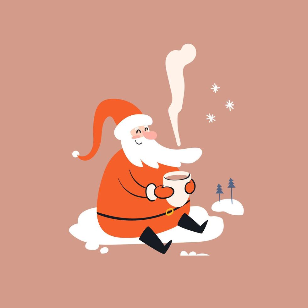 Cartoon Santa sits in the snow and drinks a hot drink. Smiling Santa Claus is resting on the snow with a hot cup of tea. Christmas vector illustration isolated.