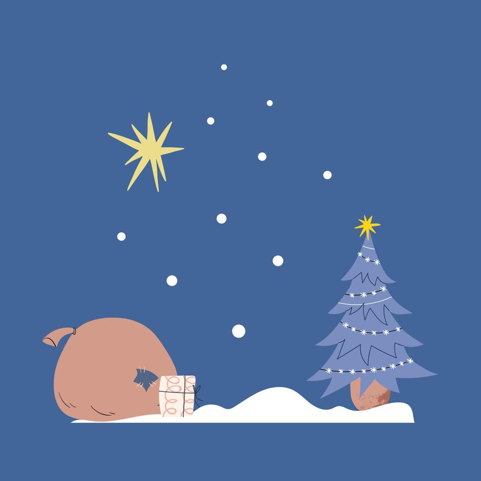 Cartoon bag of gifts and a Christmas tree in the snow on a dark blue background. Christmas greeting card. Vector stock illustration isolated
