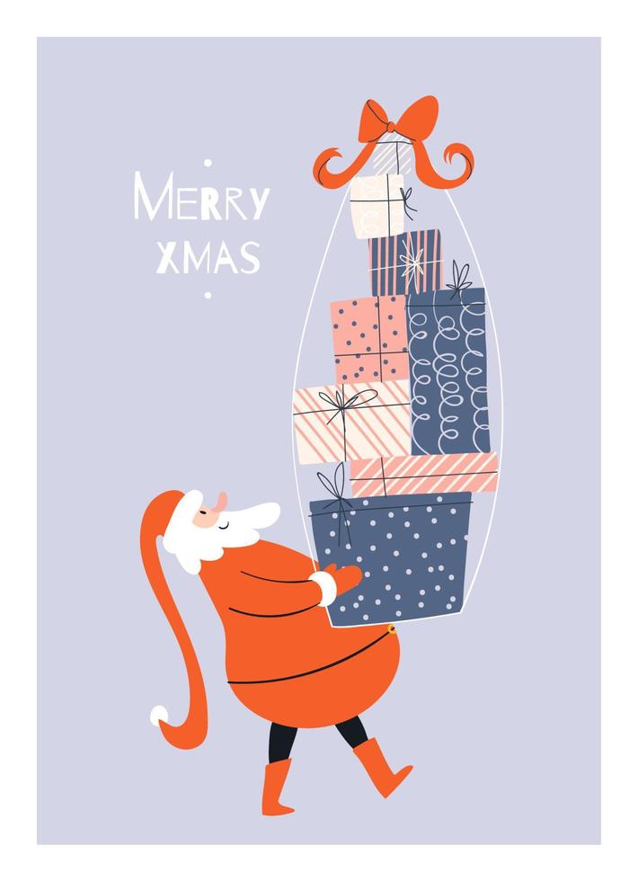 Cartoon Santa is carrying a huge stack of holiday gifts. Greeting card with Santa. Vector stock illustration isolated on blue background.