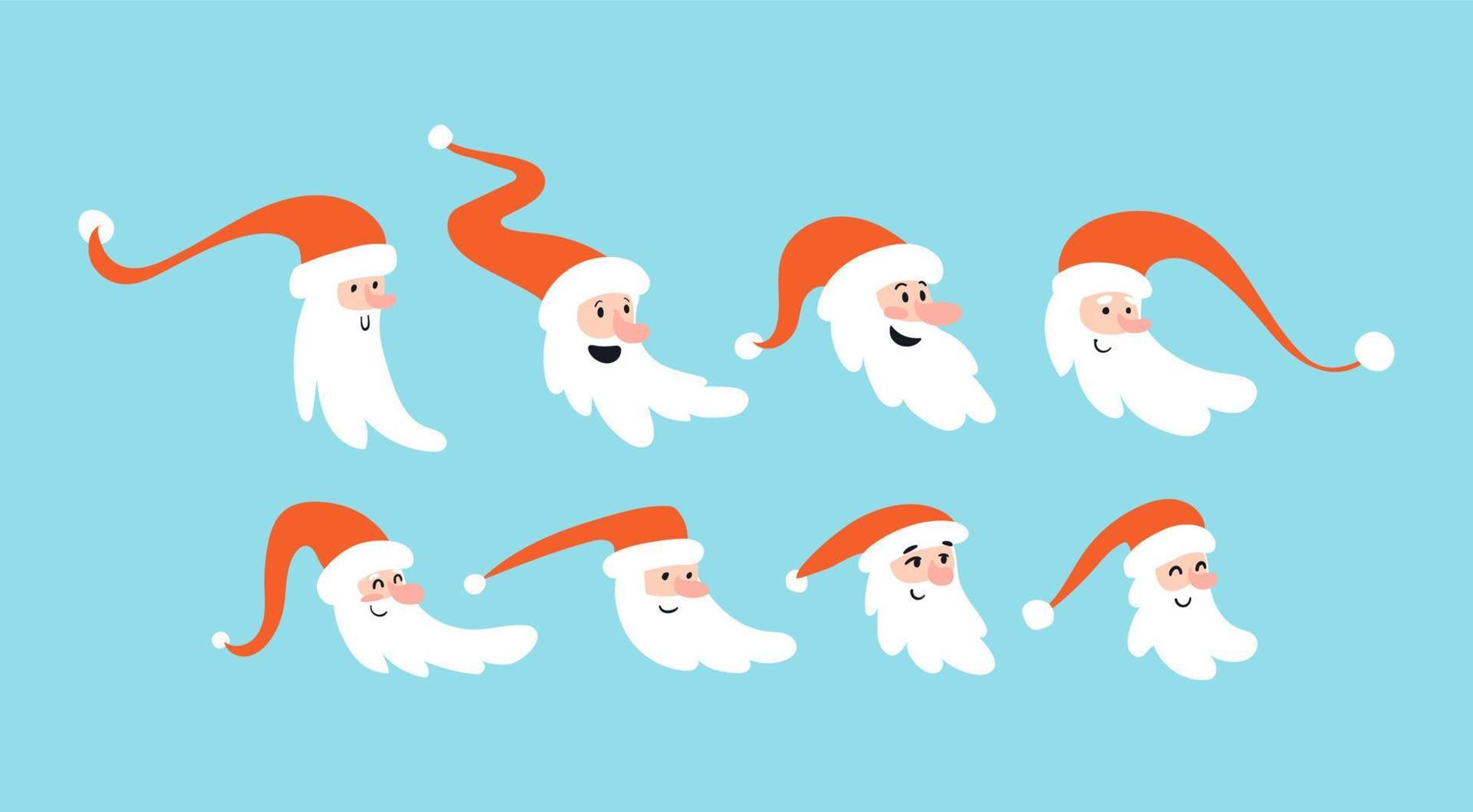 Set of funny cartoon Santa Claus heads on a blue background. Collection of assorted Santa heads in red caps. Vector stock illustration isolated.