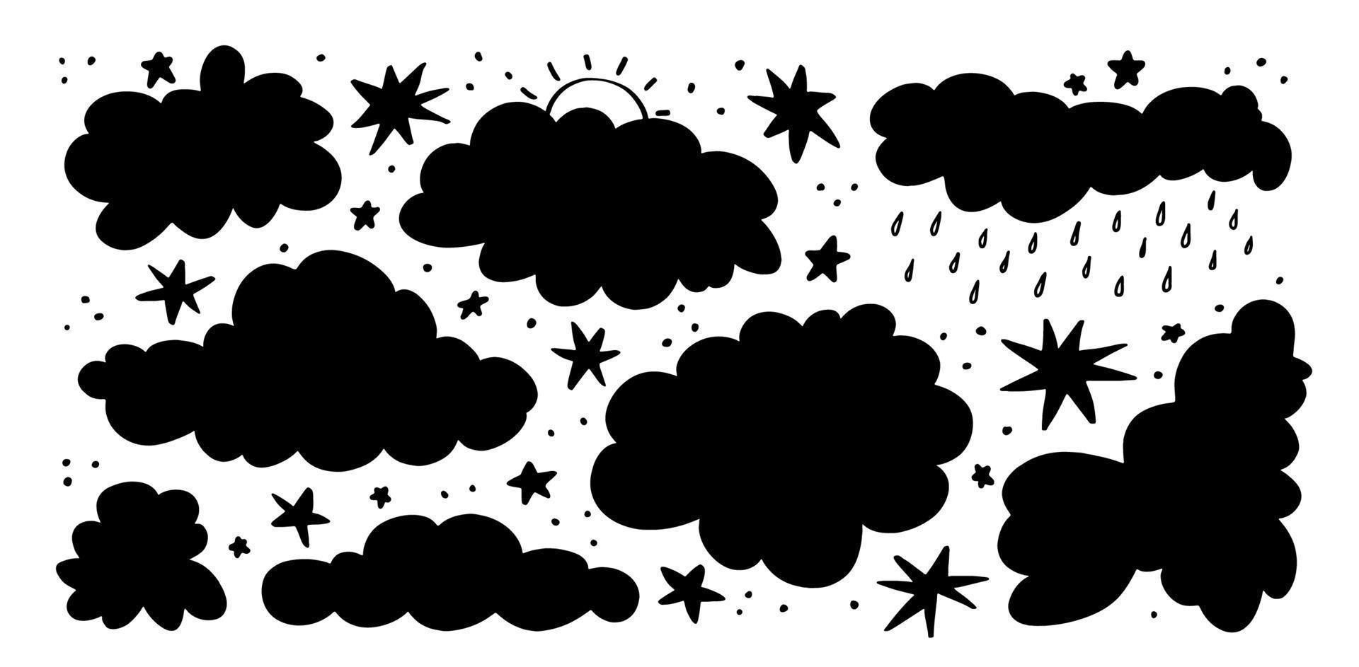 siluetas de nubes. conjunto de estrellas de garabatos, lluvia y gotas de lluvia. nubes tormentosas, tiempo nublado. ilustración vectorial de siluetas de cielo dibujadas a mano sobre fondo blanco. vector