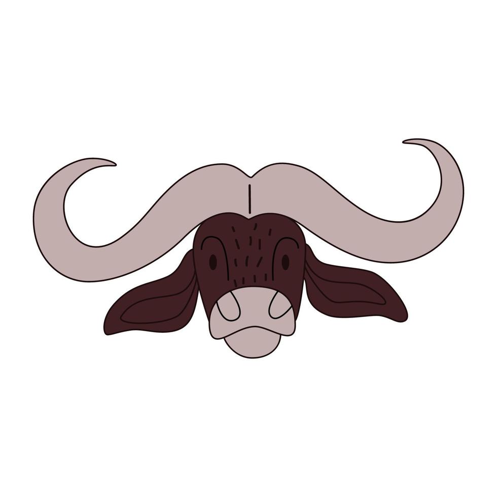 caricatura de cabeza de búfalo aislada. ilustración vectorial coloreada de un toro con un trazo sobre un fondo blanco. especies de ganado africano. vector