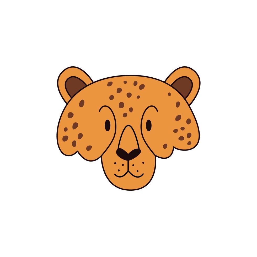 Cartoon cheetah head isolated. Colored vector illustration of a cheetah head with a stroke on a white background. Cute illustration of a predatory animal.