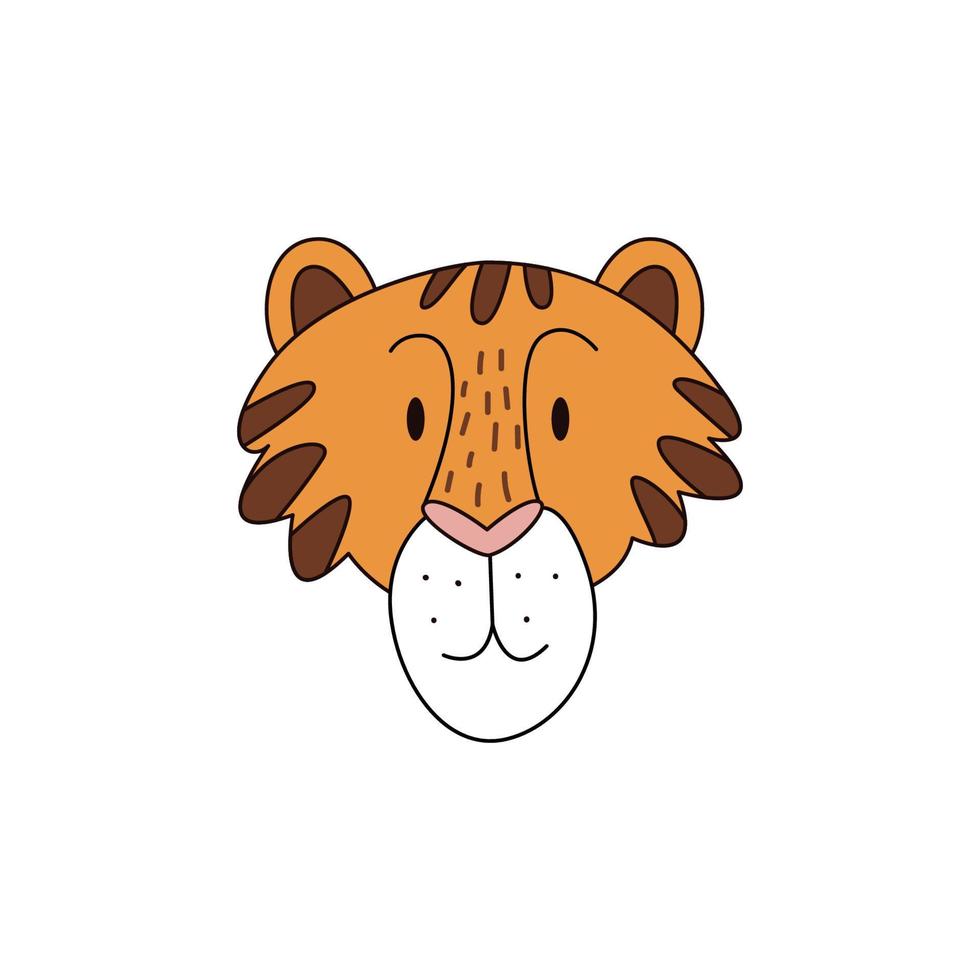 Cartoon tiger head isolated. Colored vector illustration of a tiger head with a stroke on a white background. Cute illustration of a feline predator.