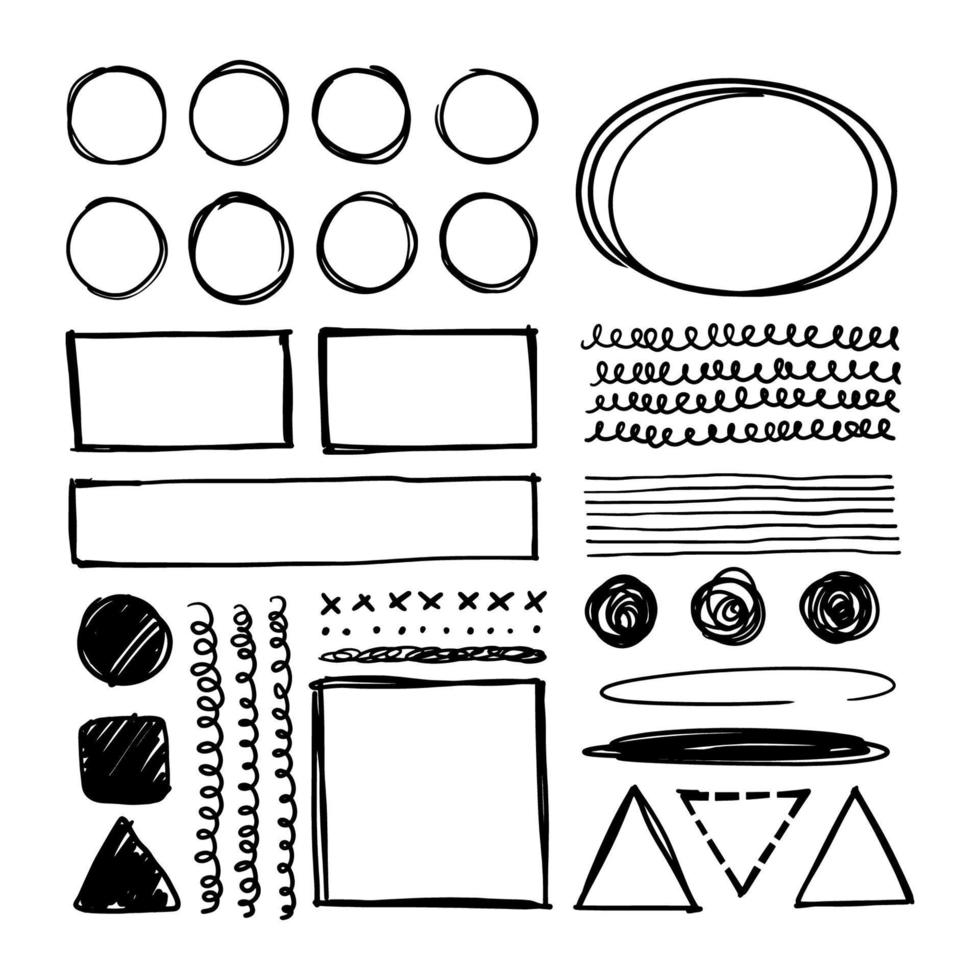 Hand-drawn set of square and round frames. A collection of graphic shapes to highlight. Simple doodle lines, sloppy swirling underlines. Vector illustration of isolated elements on white.
