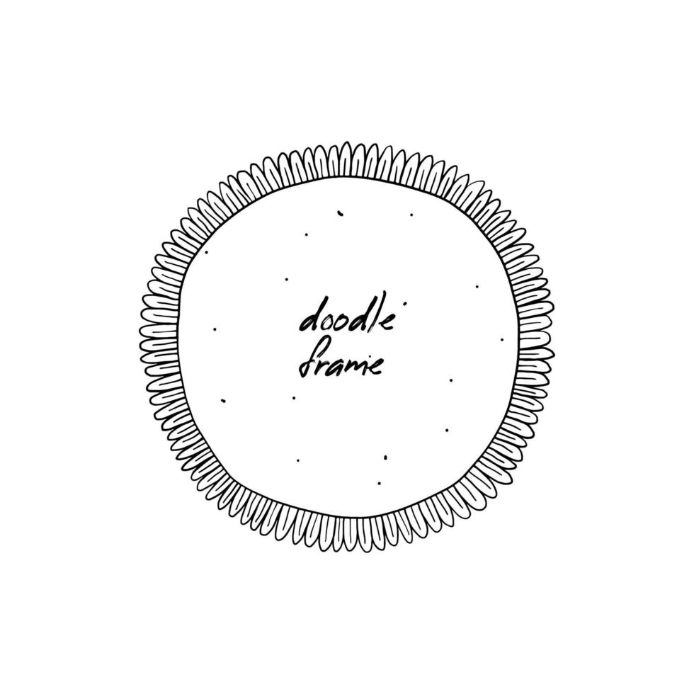 Hand-drawn round doodle frame isolated. A free hand drawn circle with feathers around the edge. Vector illustration of a photo frame with copy space.