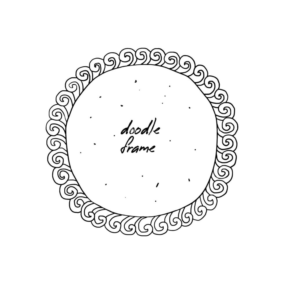Free hand drawn circle with swirling curls. Hand-drawn round doodle frame isolated. Vector illustration of a photo frame with copy space.