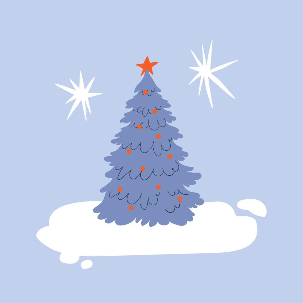 árbol de Navidad de dibujos animados con una estrella roja en la nieve sobre un fondo azul. tarjeta de felicitación de navidad. ilustración de stock vectorial aislada vector