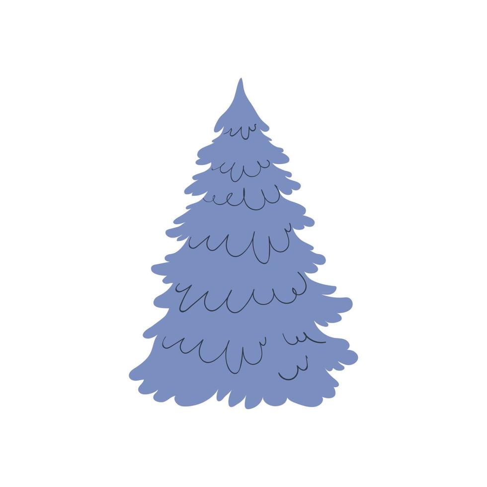 Cartoon blue Christmas tree on a white background. Christmas greeting card. Vector stock illustration isolated