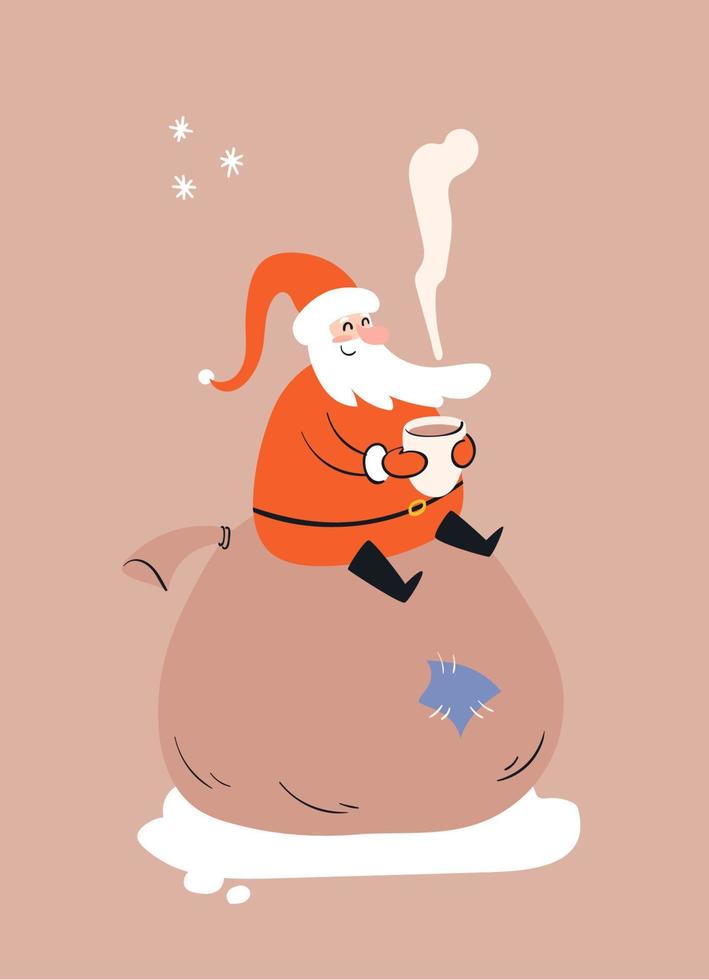 Resting cartoon Santa sits on a bag with gifts. Greeting card with Santa. Vector stock illustration isolated.