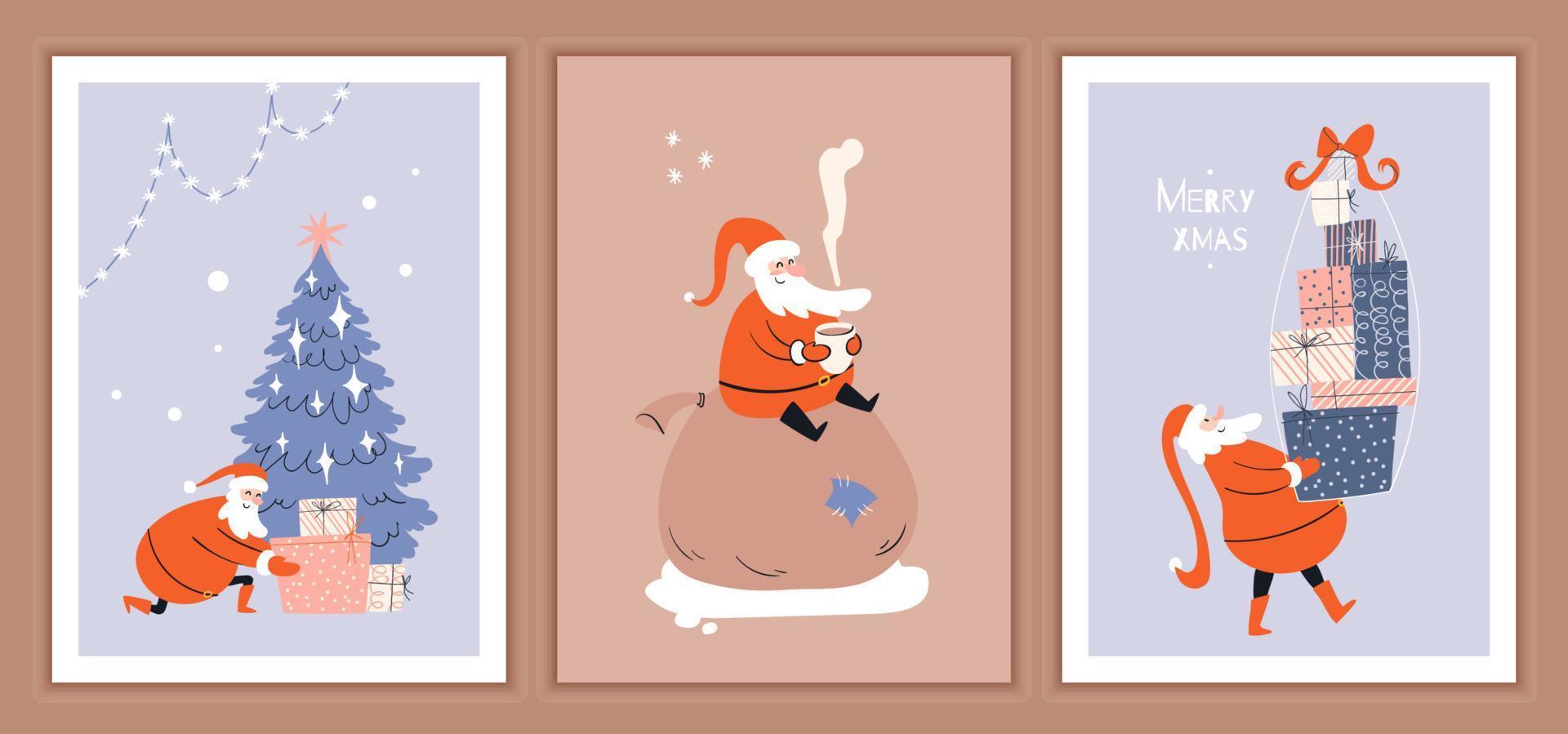 Set of funny cartoon cards with Santa. A collection of Santas assorted actions. Vector greeting card stock illustration isolated.