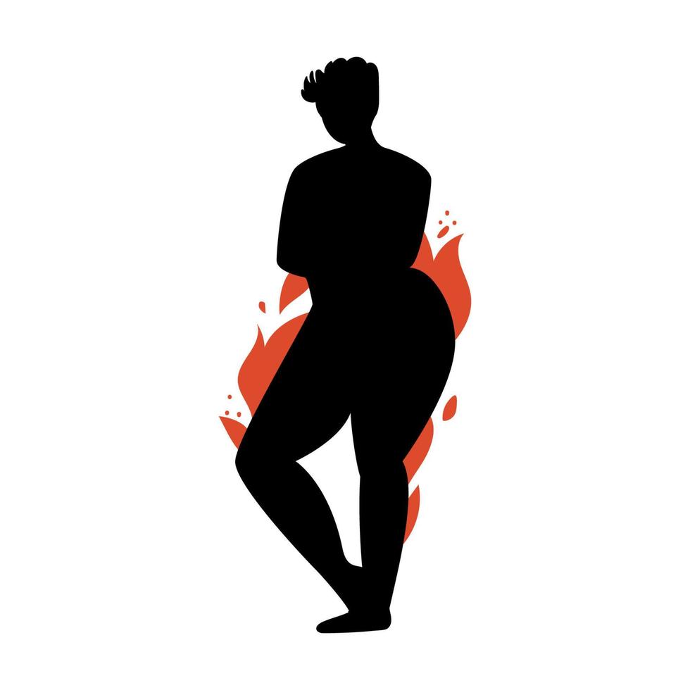 Female silhouette on a white background. Girl power with fiery forms posing. Vector stock illustration of a confident woman without complexes isolated.