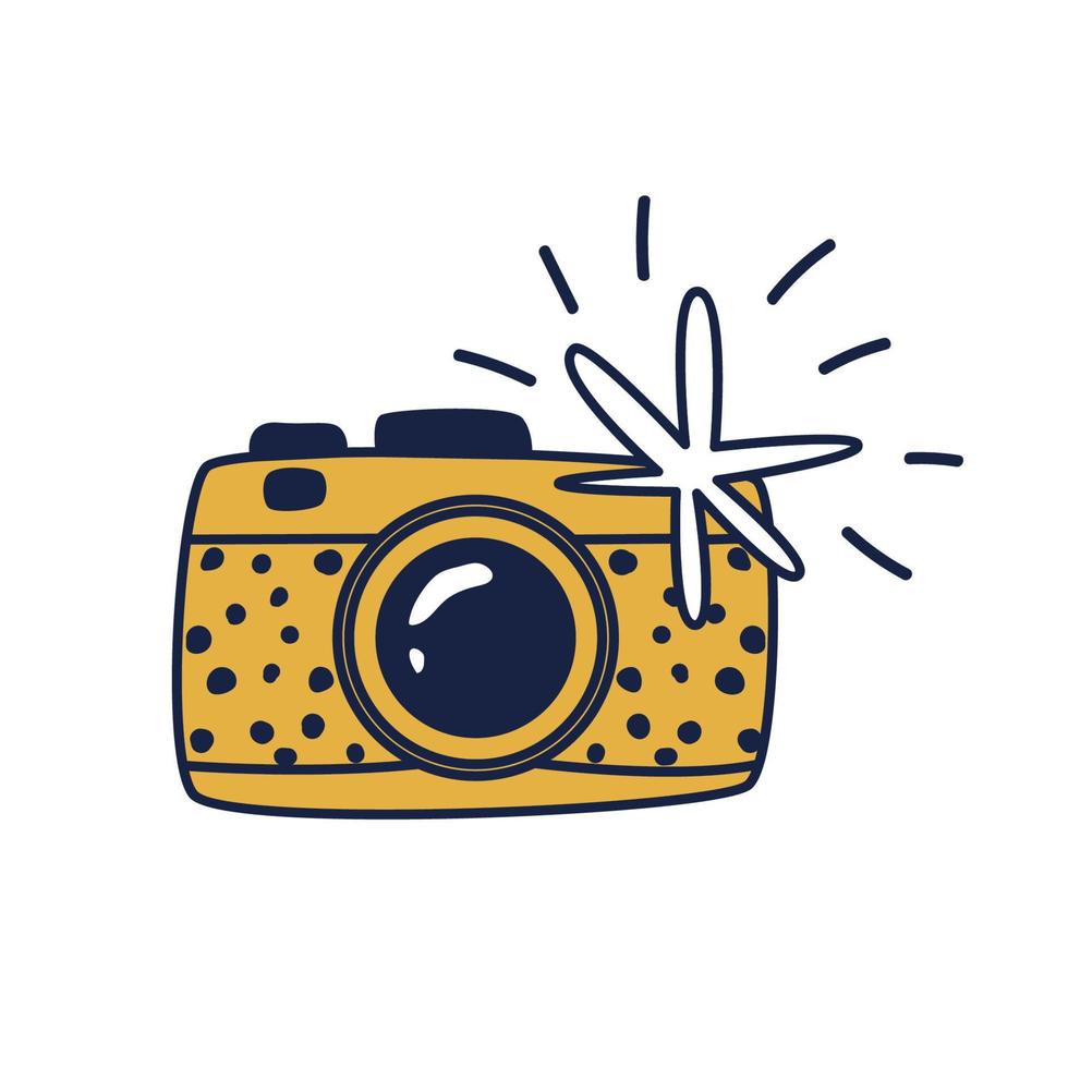 Yellow doodle camera. Hand-drawn cartoon camera with flash. Vector stock illustration of an apparatus for shooting isolated on a white background.