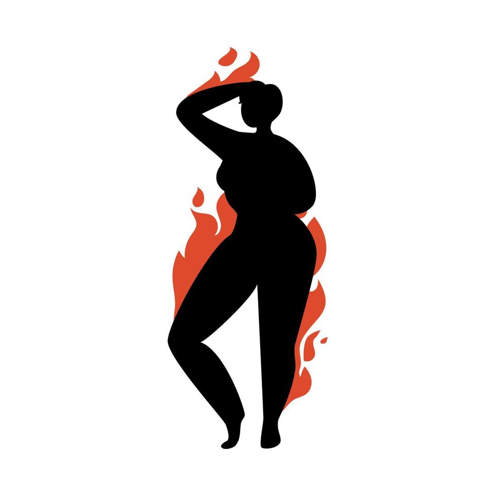 Female silhouette on a white background. Young girl with fiery forms posing. Vector stock illustration of a confident woman without complexes isolated.
