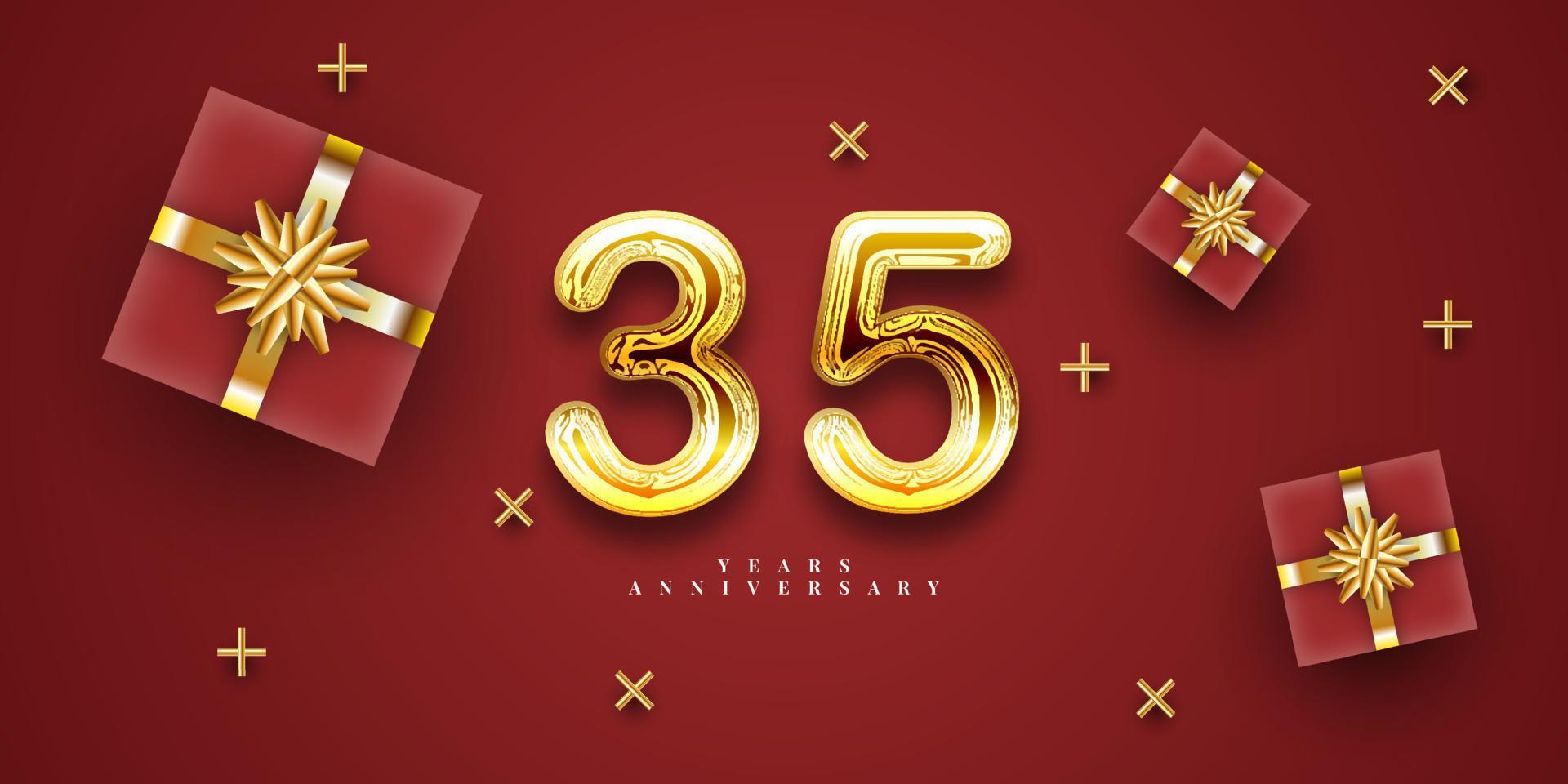 35 Years anniversary golden number with gift box gift vector