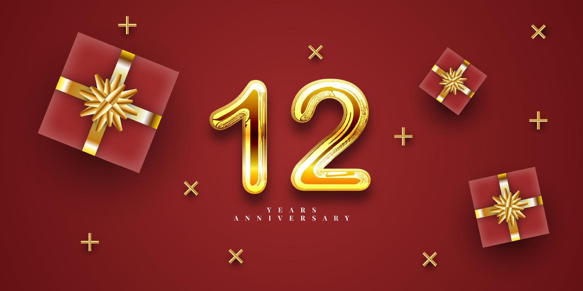 12 Years anniversary golden number with gift box gift vector