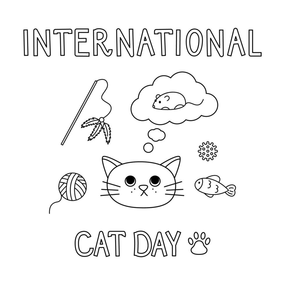 International Cat day vector lined postcard. Isolated linear cartoon cat dreaming about mouse toy on white background