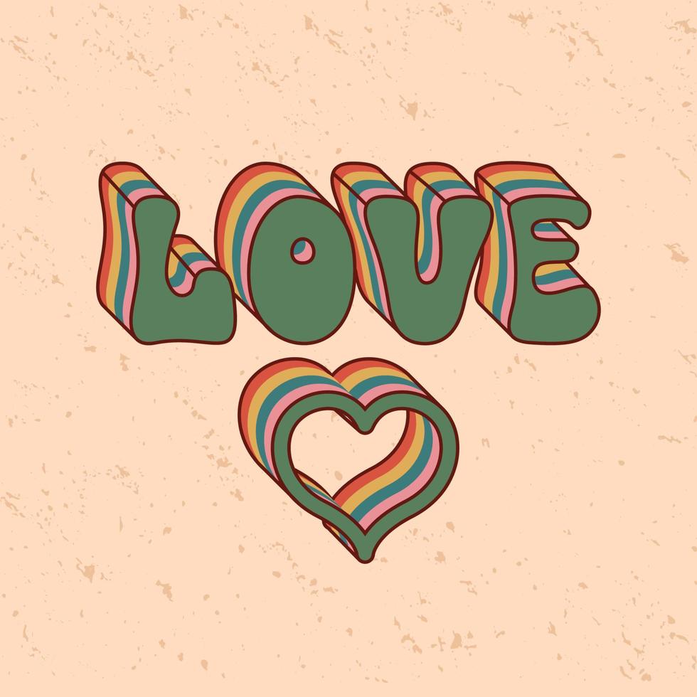 Isolated vector groovy lettering Love and rainbow heart shape. 70s retro desogn with romantic symbol and colorful letter on textured backdrop