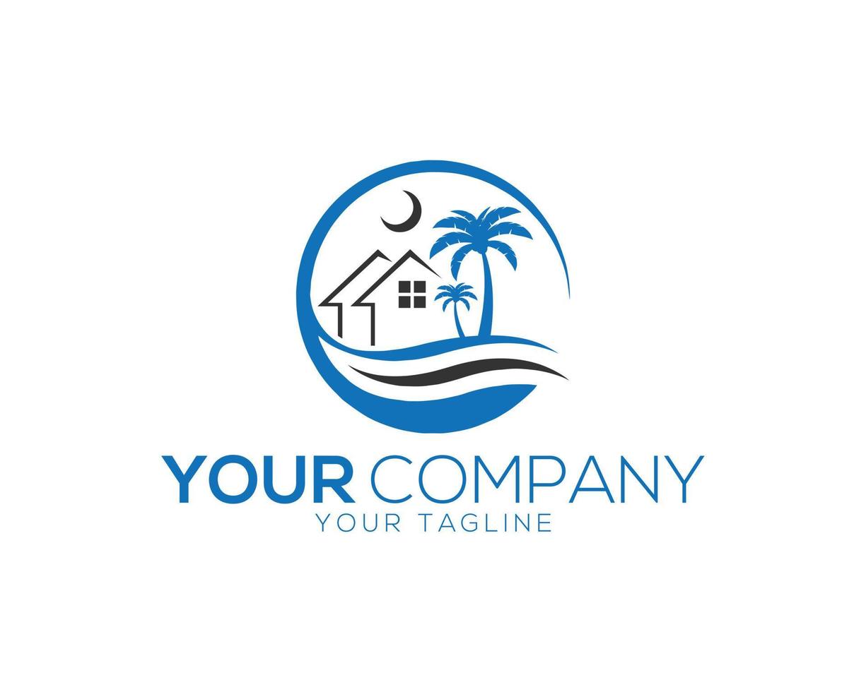 Palm Tree Home Beach Vacation Hotel With Beach House Moon Night Vector Logo Design.