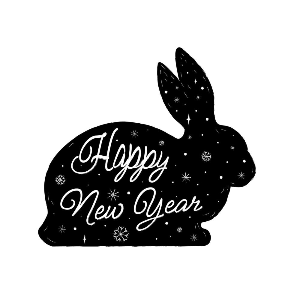 Black rabbit silhouette with white Happy New Year lettering inside, vector greeting card element