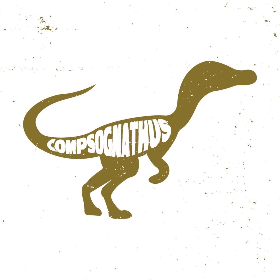 Compsognathus or Compy colorful dinosaur with lettering and texture. Vector illustration.