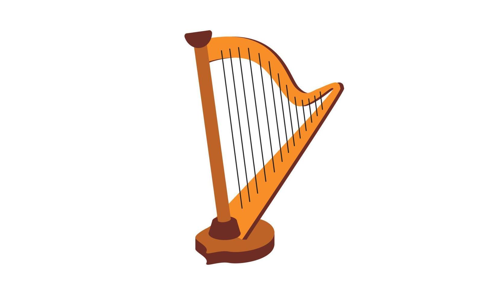 Wooden harp vector design. Classical harp flat style vector illustration isolated on white background. Harp clipart. Antique, old stringed classical string musical instrument. Brown harp flat style