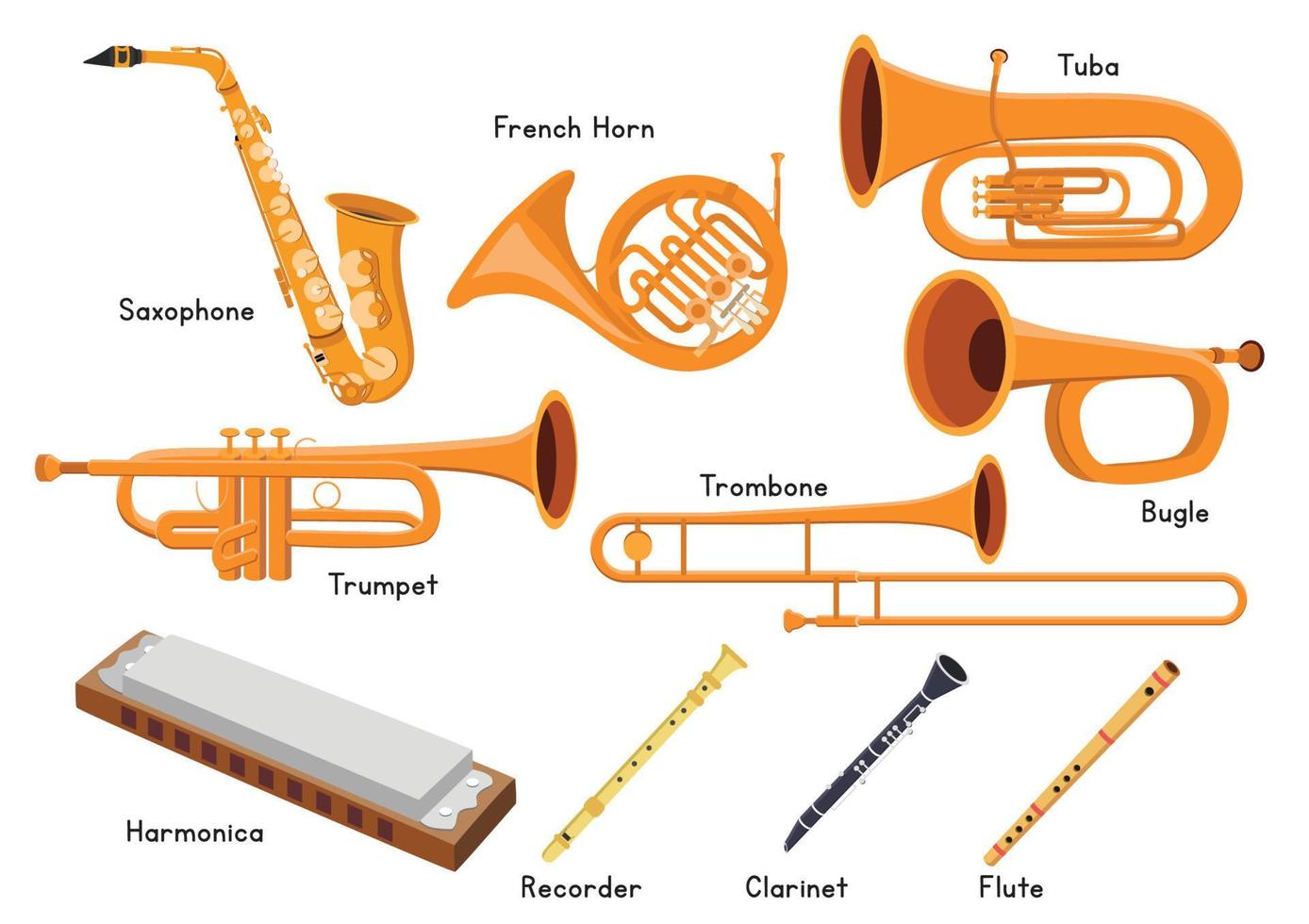 Gallina Exactitud Revocación conjunto de diseño vectorial de instrumentos musicales de viento. saxofón,  trompeta, corno francés, tuba, trombón, corneta, armónica, flauta dulce,  flauta, clarinete. Imágenes Prediseñadas de instrumentos musicales de latón  9945248 Vector en Vecteezy