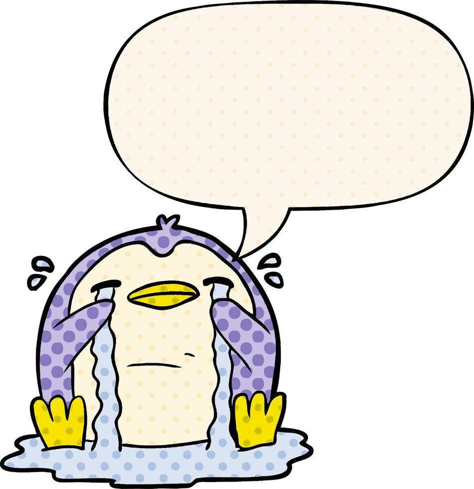 cartoon crying penguin and speech bubble in comic book style vector