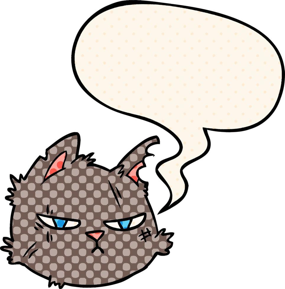 cartoon tough cat face and speech bubble in comic book style vector