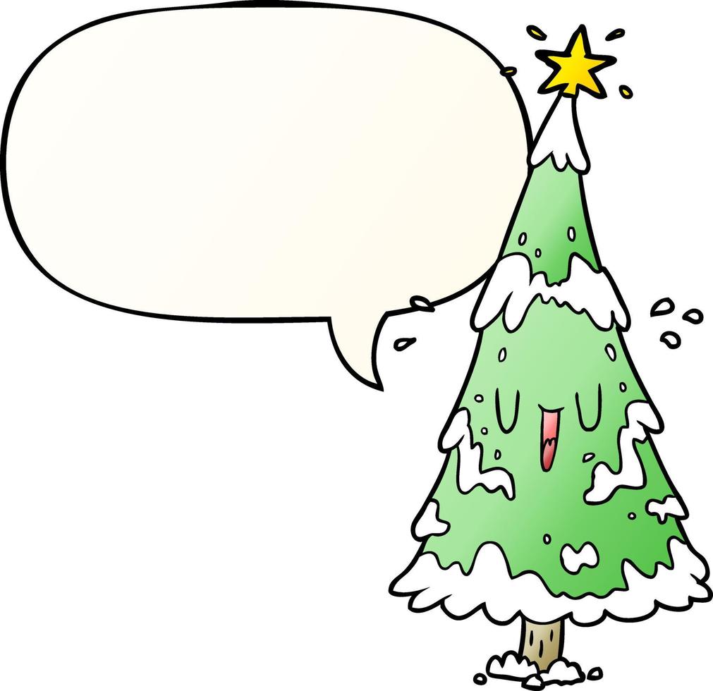 cartoon snowy christmas tree and happy face and speech bubble in smooth gradient style vector