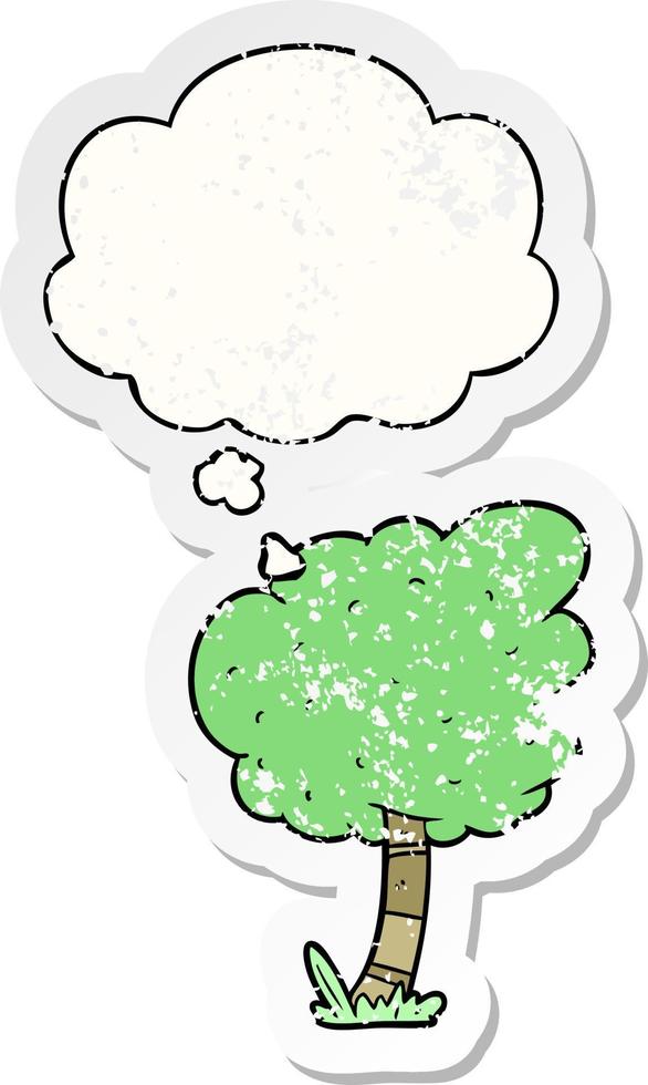 cartoon tree and thought bubble as a distressed worn sticker vector