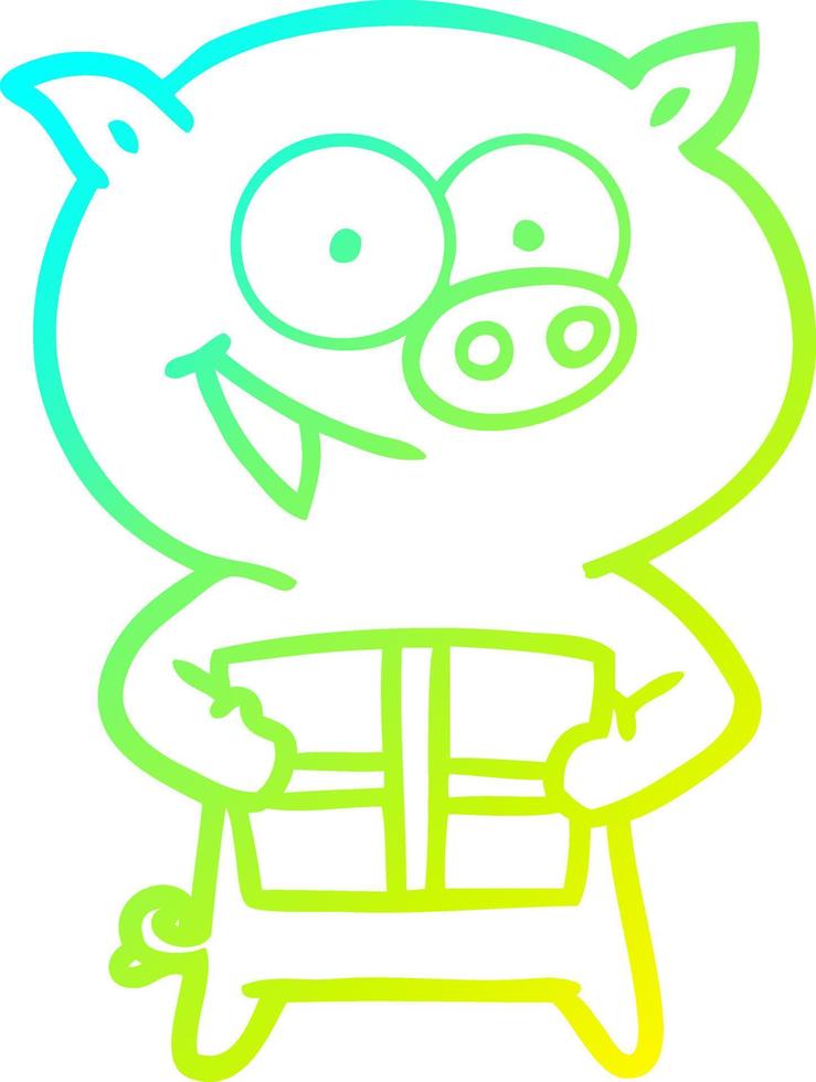 cold gradient line drawing cheerful pig with christmas gift vector