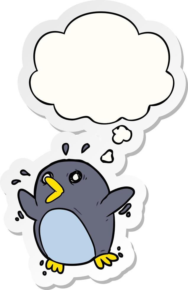cartoon frightened penguin and thought bubble as a printed sticker vector