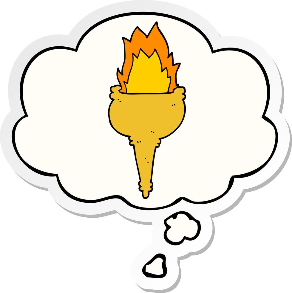 cartoon flaming torch and thought bubble as a printed sticker vector