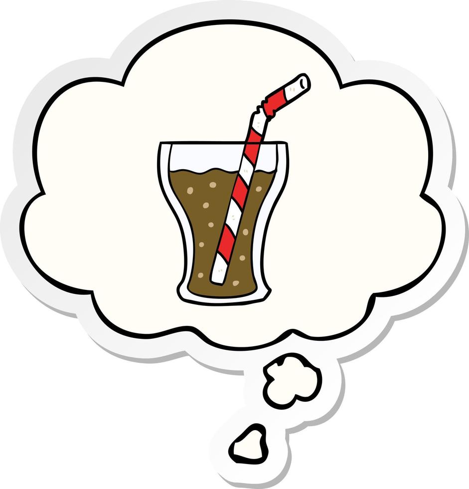 cartoon glass of cola and thought bubble as a printed sticker vector