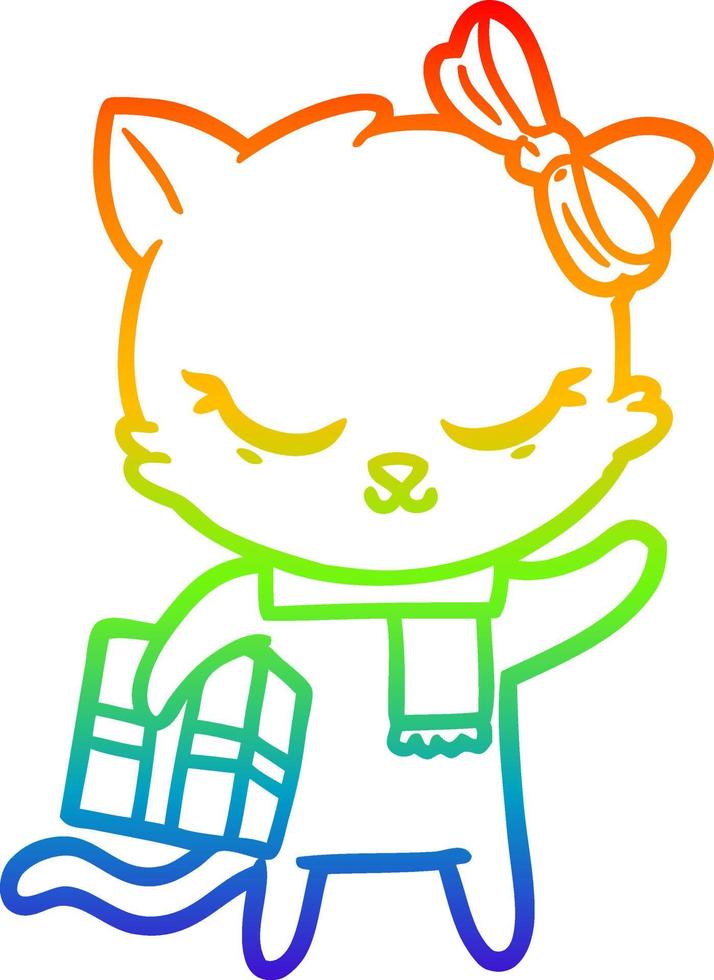 rainbow gradient line drawing cute cartoon cat with present vector