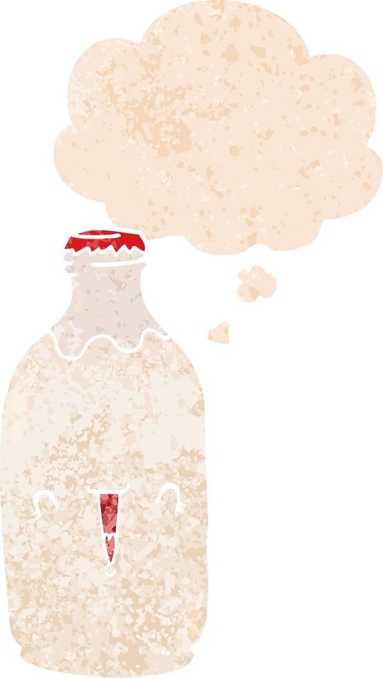linda botella de leche de dibujos animados y burbuja de pensamiento en estilo retro texturizado vector