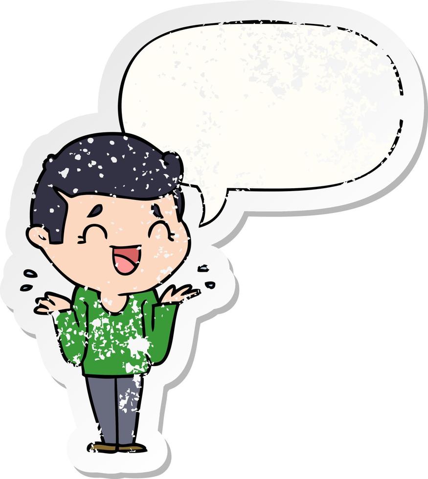 cartoon laughing confused man and speech bubble distressed sticker vector