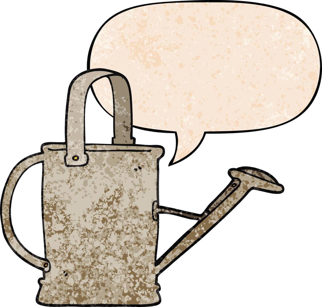 cartoon watering can and speech bubble in retro texture style vector