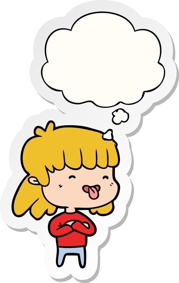 cartoon girl sticking out tongue and thought bubble as a printed sticker vector