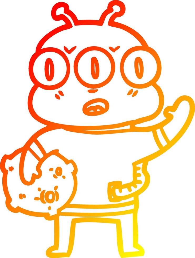 warm gradient line drawing cartoon three eyed alien waving vector