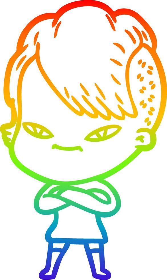 rainbow gradient line drawing cute cartoon girl with hipster haircut vector