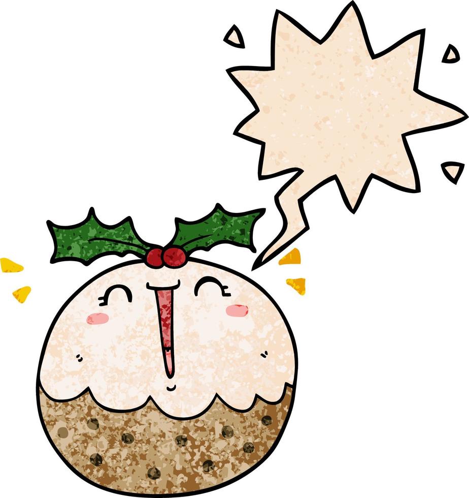 cute cartoon christmas pudding and speech bubble in retro texture style vector