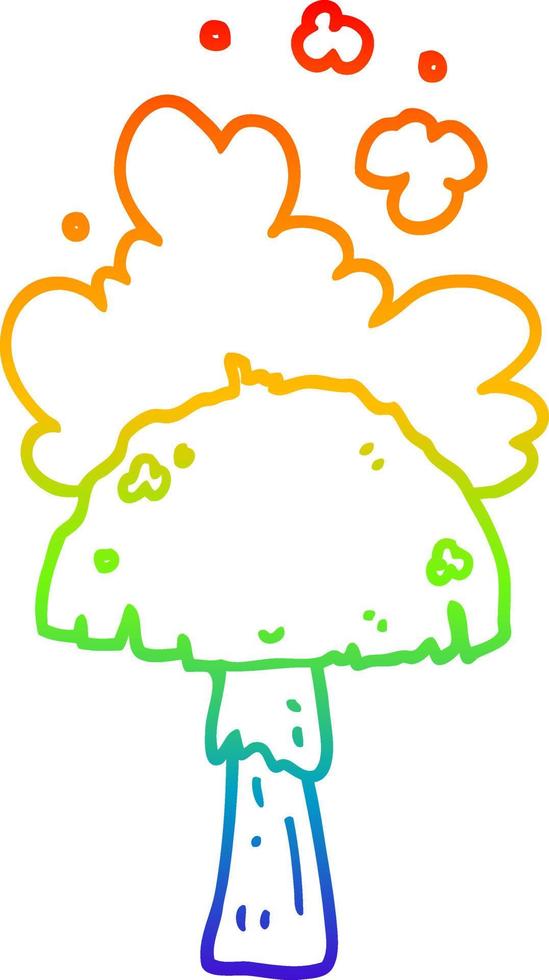 rainbow gradient line drawing cartoon mushroom with spore cloud vector