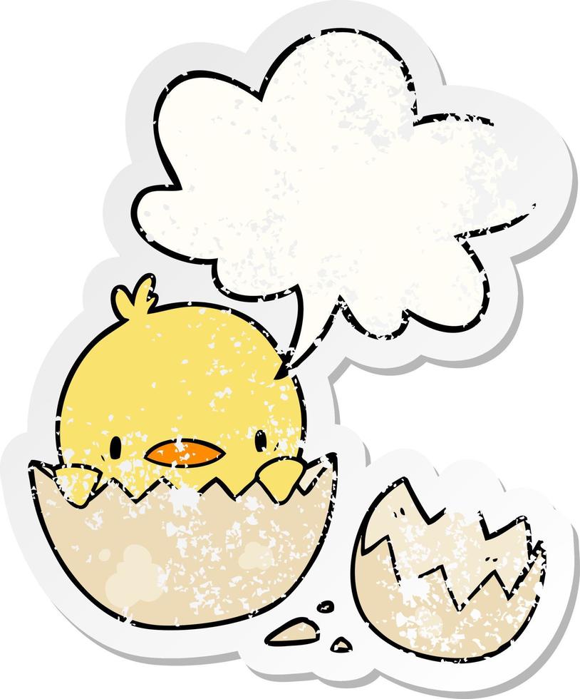 cute cartoon chick hatching from egg and speech bubble distressed sticker vector