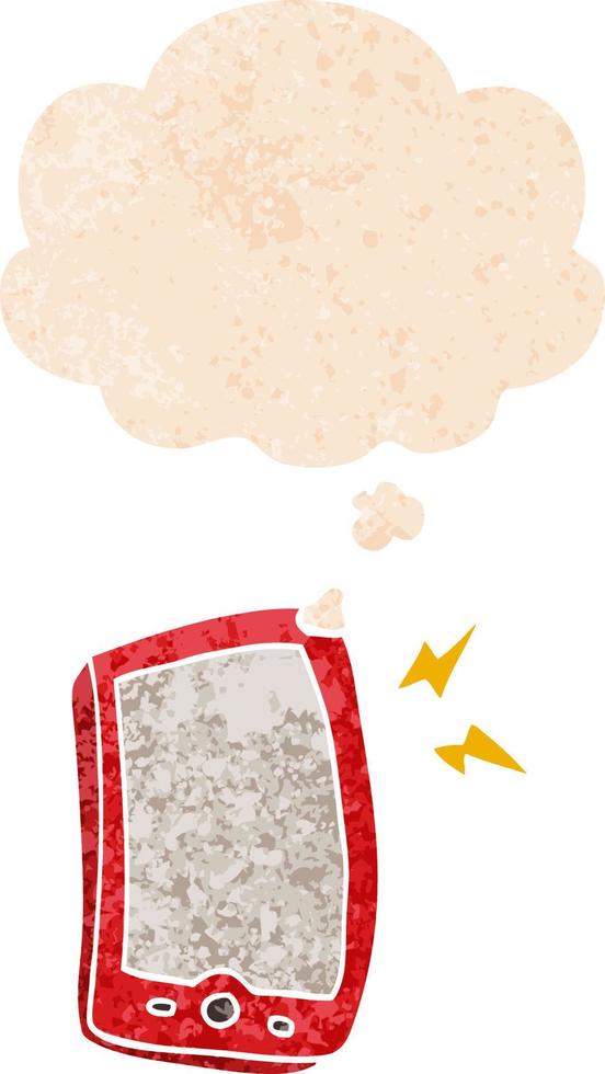cartoon mobile phone and thought bubble in retro textured style vector