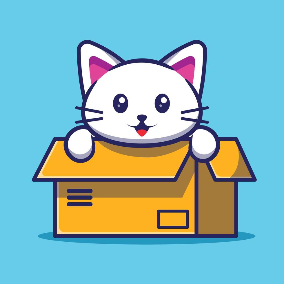 lindo gato en una ilustración de vector de dibujos animados de caja